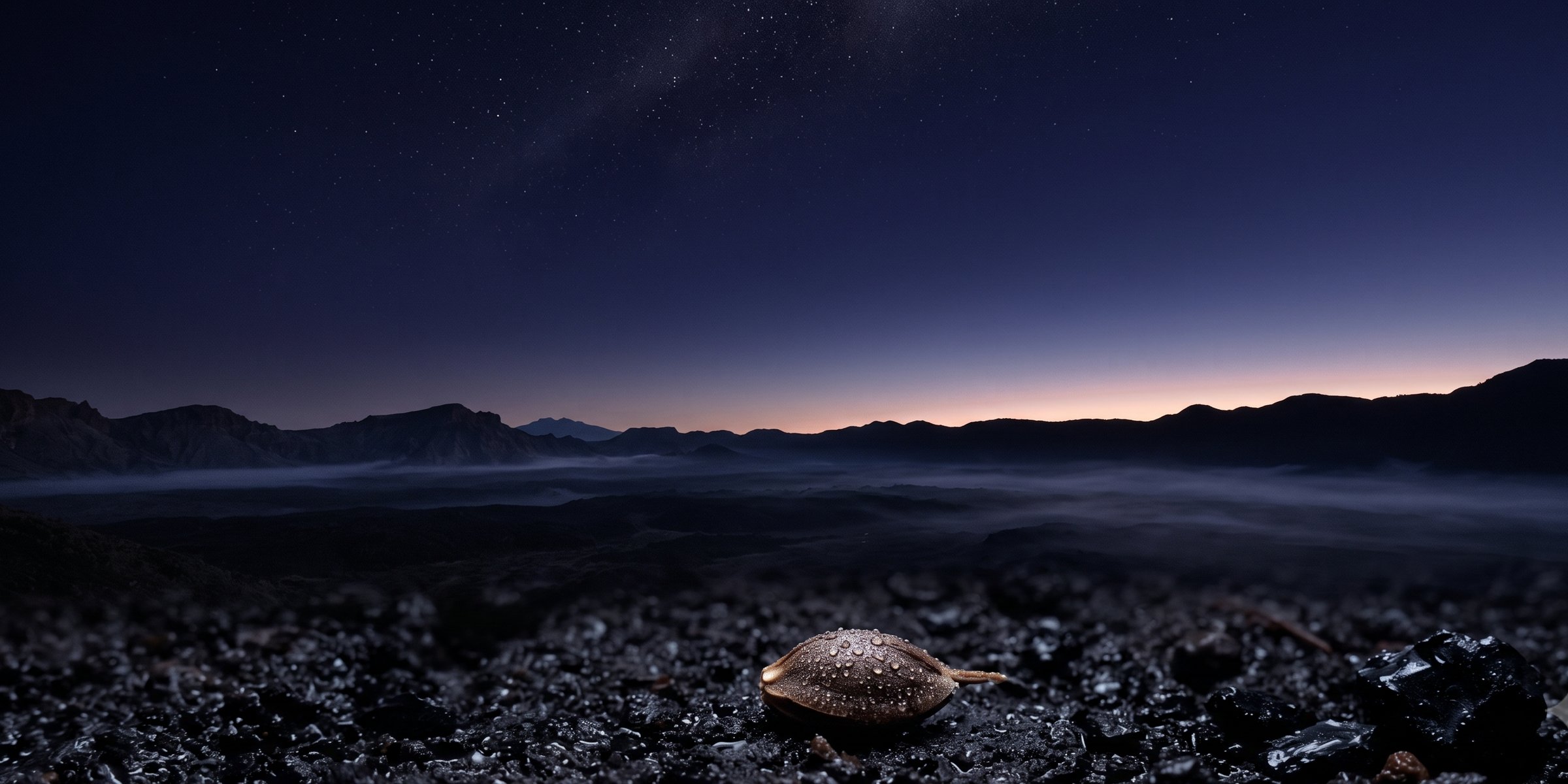 A single seed resting in dark wet volcanic soil, dew on the earth, under a vast indigo pre-dawn sky where the last stars are dissolving and one hairline of pale light breaks the horizon.