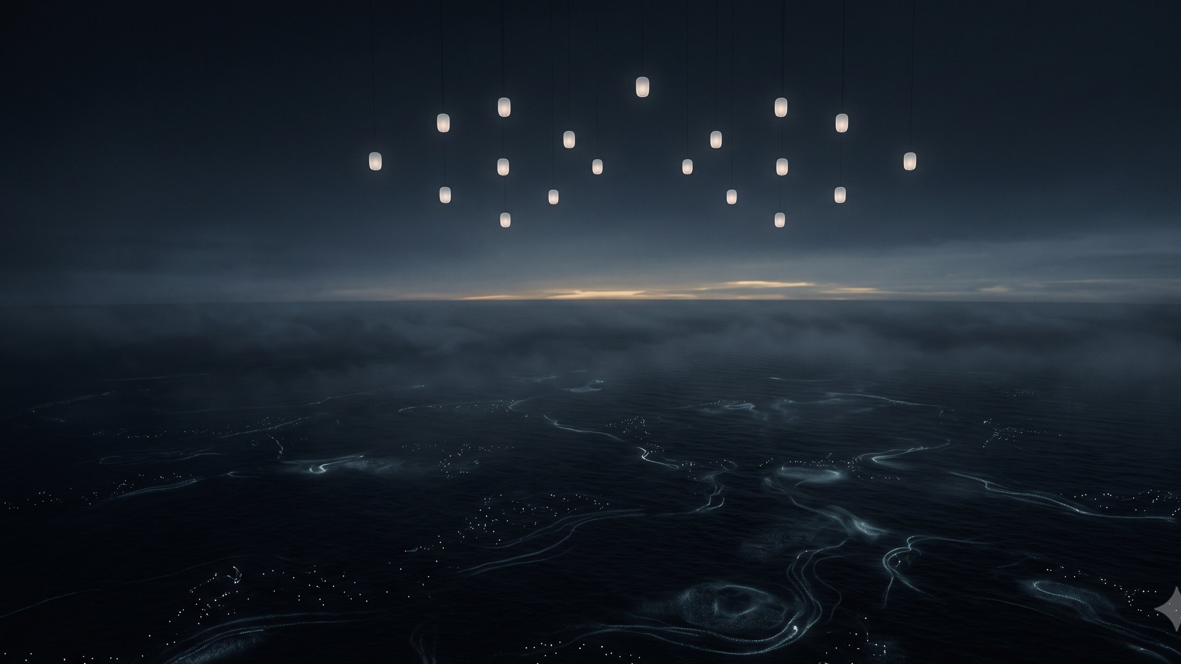 High above a vast dark ocean at night, a formation of soft lantern-like lights hanging unblinking in the dark, watchful, with the first grey hint of dawn far at the horizon.