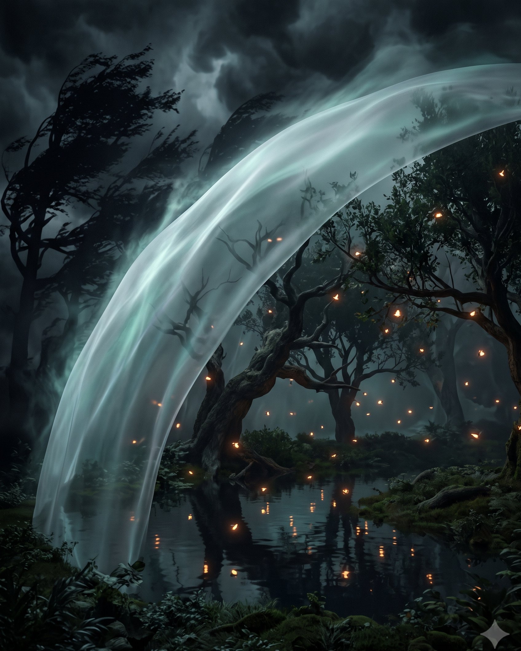 A small sacred grove at night, still dark water, drifting fireflies, wrapped in a vast translucent membrane of soft light like a veil drawn close around it, calm within while the world beyond is vague and stormy.