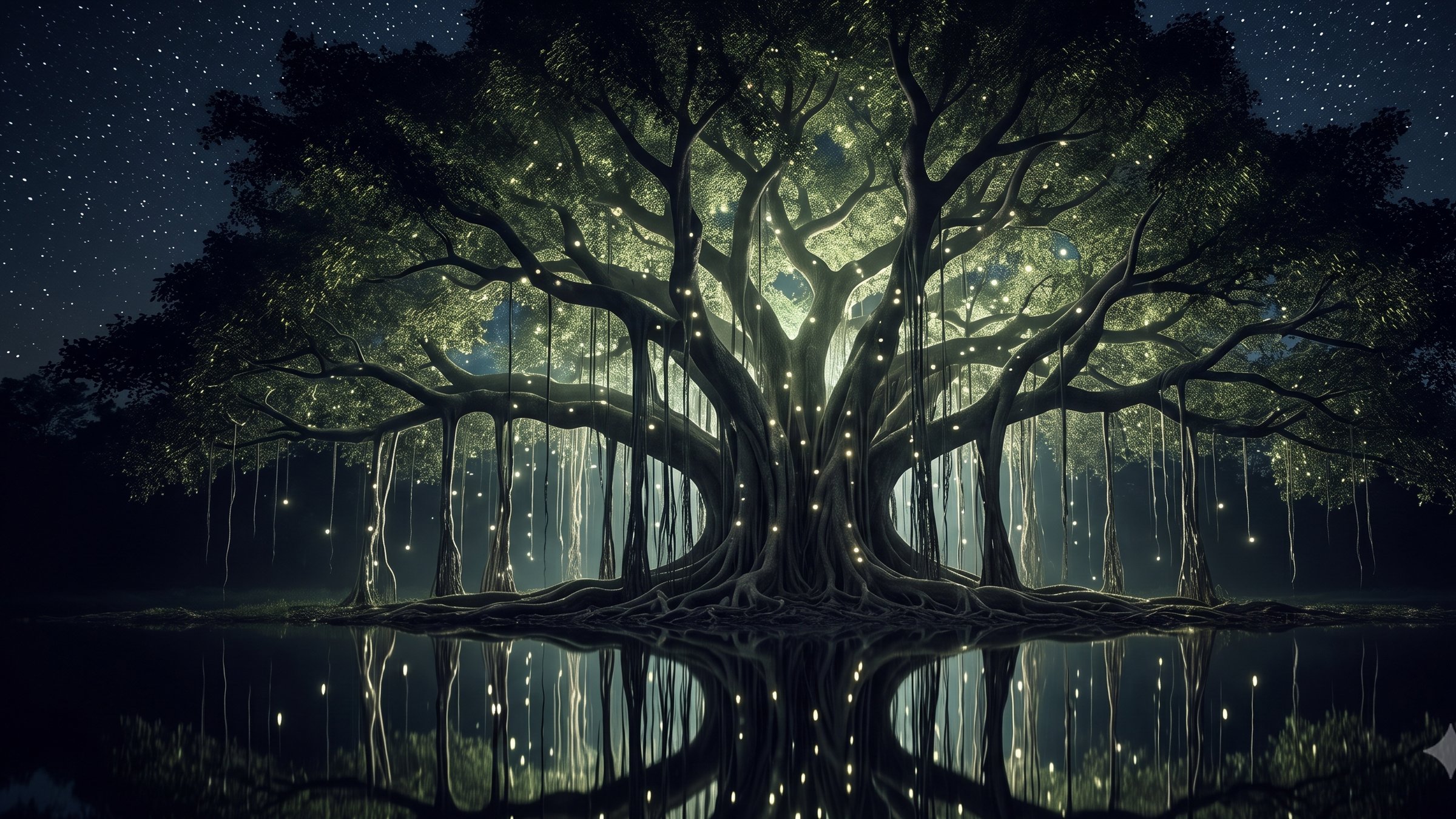 An immense old banyan tree at night, aerial roots descending like slow rivers of faint light, small bright motes traveling upward into the canopy, a mirror-still pool beneath reflecting stars.