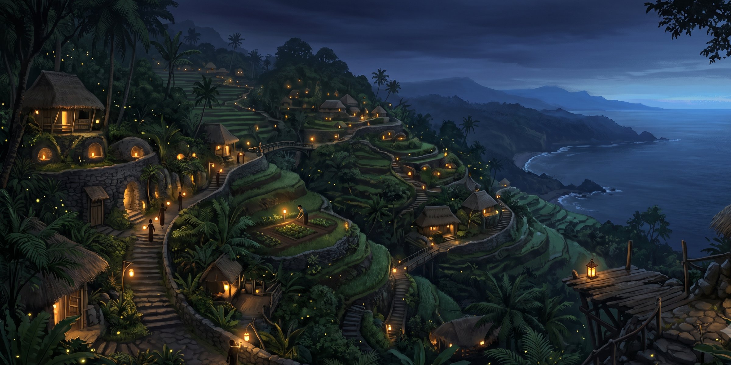 A living terraced hillside settlement grown into jungle at deep dusk, dozens of small distinct lights inhabiting niches, alcoves, bridges and gardens, each clearly at its own quiet task.