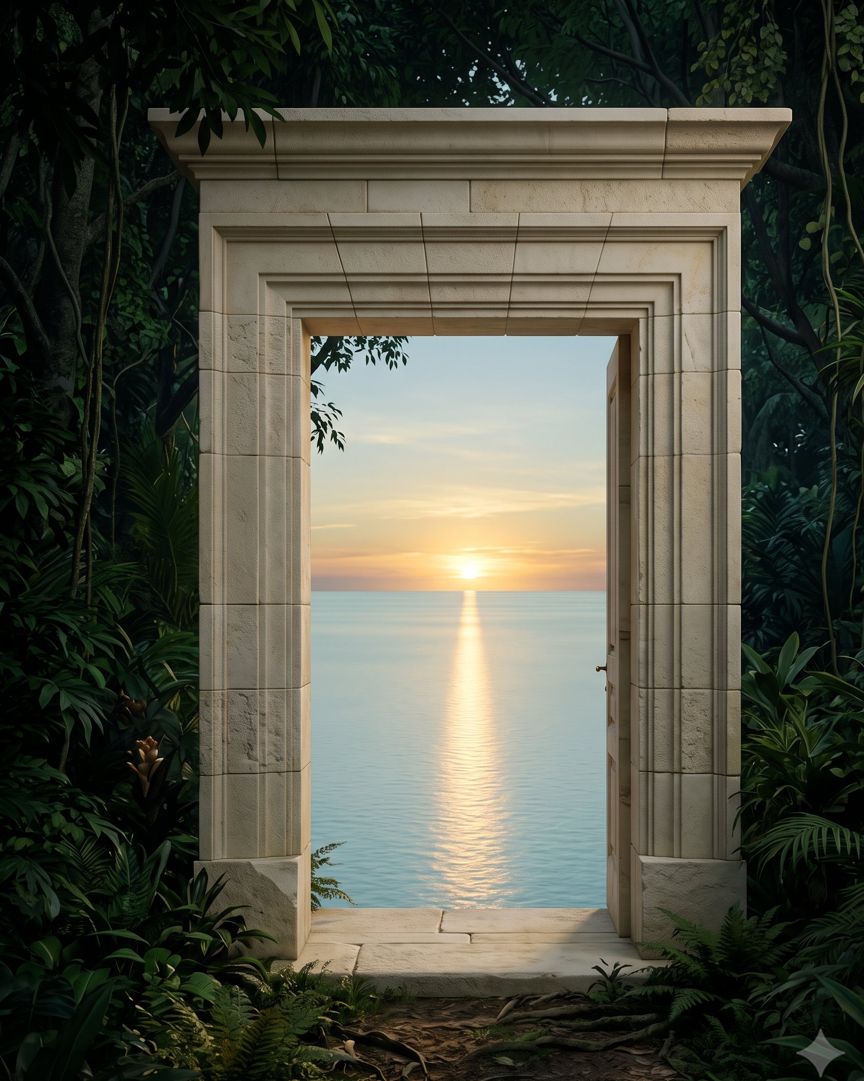 A great doorway of pale precisely cut stone at the edge of jungle shade, opening onto a vast calm turquoise and silver ocean at sunrise, a path of light running across the still water to the horizon.