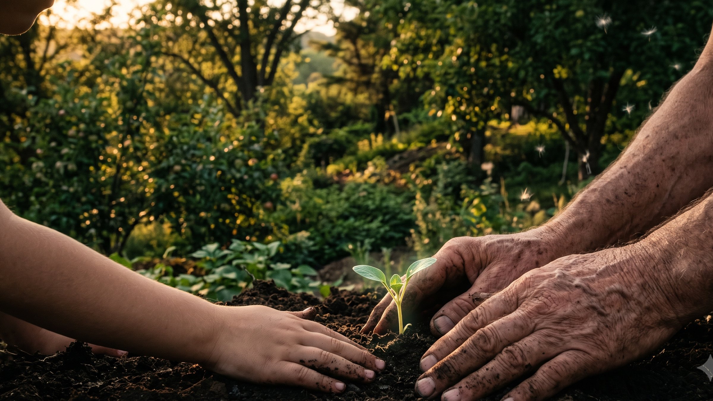 An elder's weathered hand and a child's small hand together planting one faintly luminous seedling into rich dark soil, a mature food forest rising softly out of focus behind them in golden hour light.