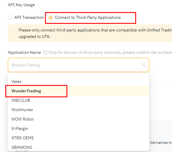 Bybit API key usage dialog with Connect to Third-Party Applications selected and WunderTrading highlighted in the application list