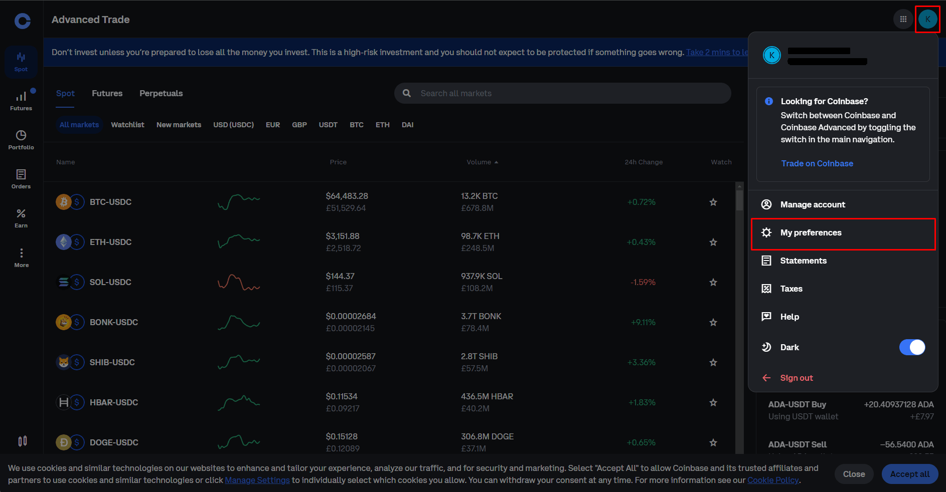 Coinbase account menu opened from the profile icon in the top right, with My preferences highlighted
