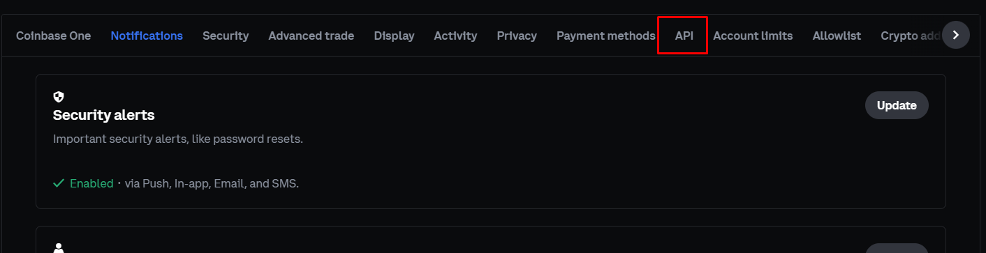 Coinbase preferences page with the API tab highlighted in the settings row