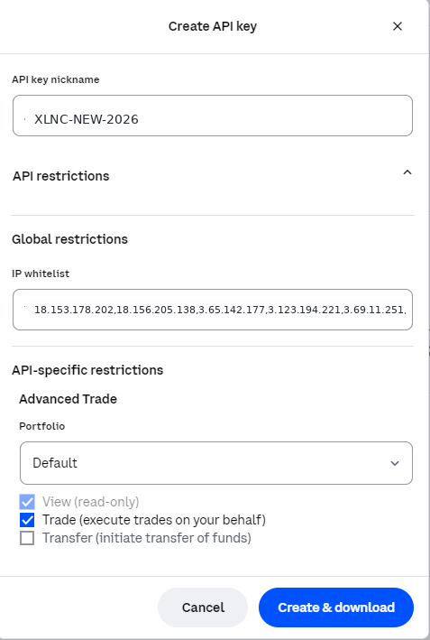 Coinbase Create API key dialog filled in: nickname XLNC-NEW-2026, IP whitelist pasted with the seven XLNC server addresses, View on, Trade ticked, and Transfer left unticked