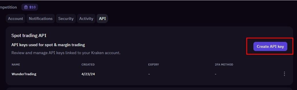 Kraken Settings with the API tab open, showing the Spot trading API section and the Create API key button highlighted